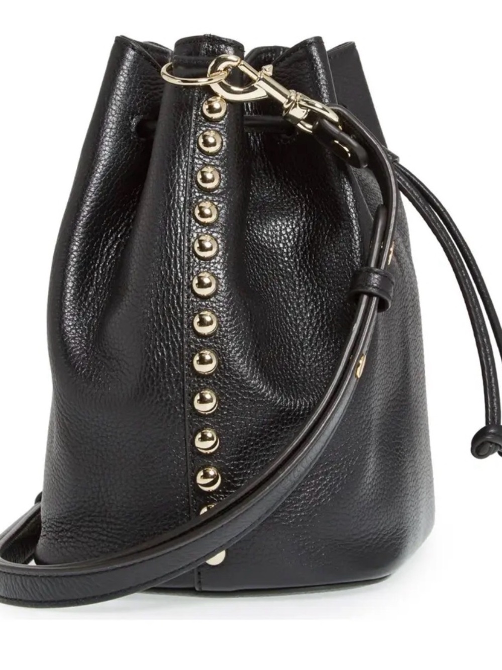 Rebecca Minkoff Black Leather Drawstring Bucket Bag with Gold Stud Detail